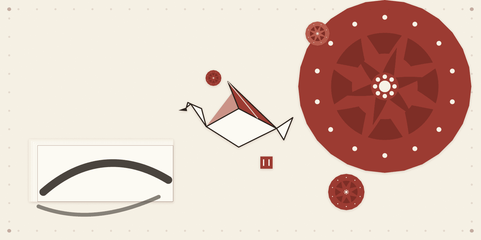 A composition of Chinese paper arts — a red paper rosette, sheets of Xuan paper, and a folded paper crane