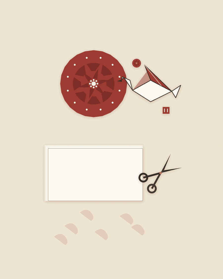 A worktable with scissors, paper cuttings, sheets of Xuan paper, and a folded paper crane